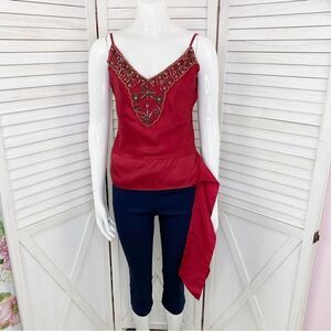 DStudio Silk Beaded Sash Tie Sleeveless Blouse Maroon Red 6